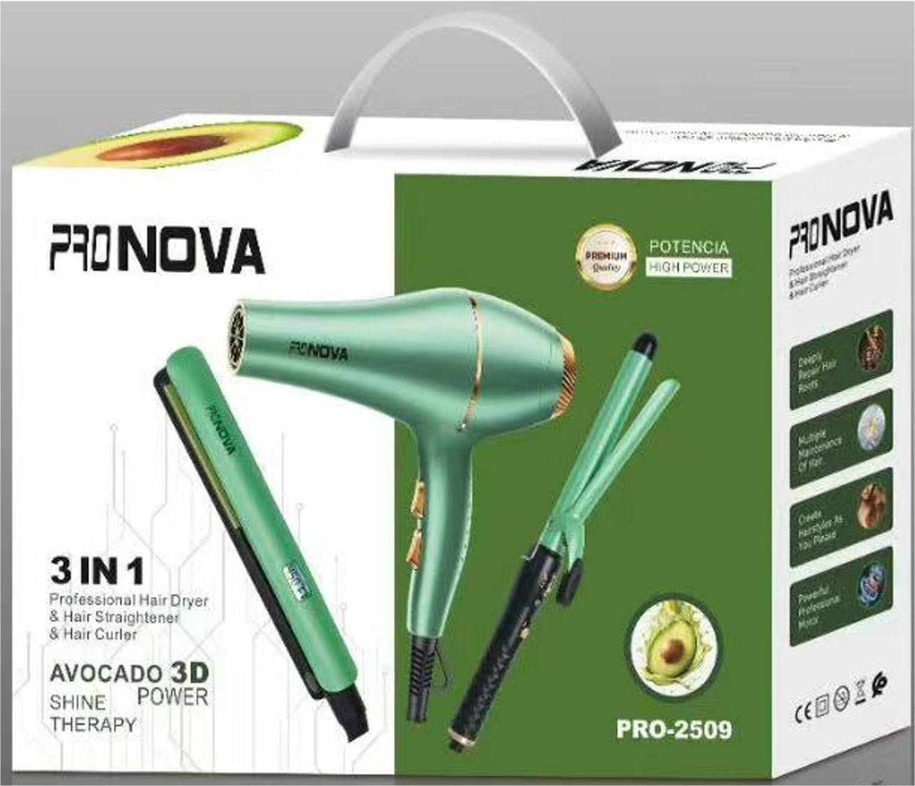 Kit Pronova 3 en 1 Avocado: plancha, secador y rizador