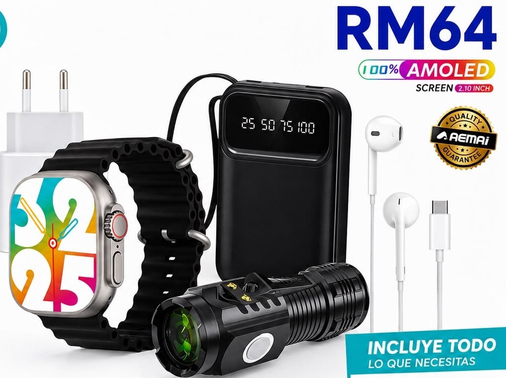 Combo smartwatch con power bank y linterna