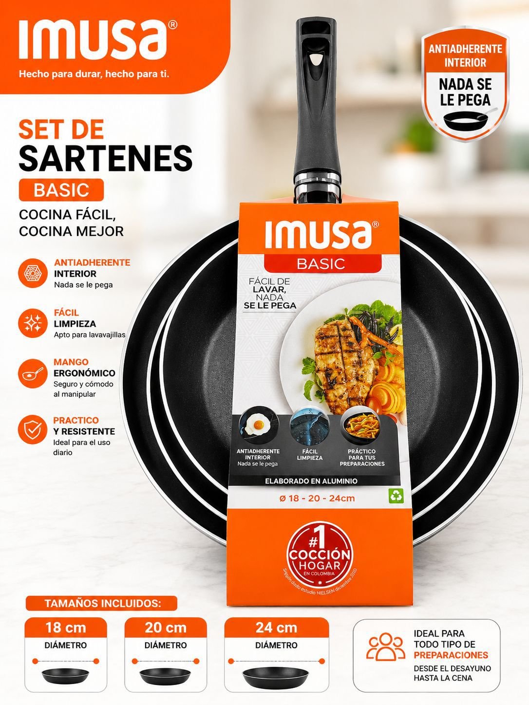 Juego de sartenes Imusa Basic x3 (18, 20 y 24 cm)