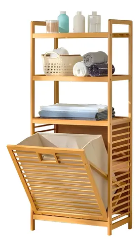 Organizador de baño en bambú con cesta para ropa