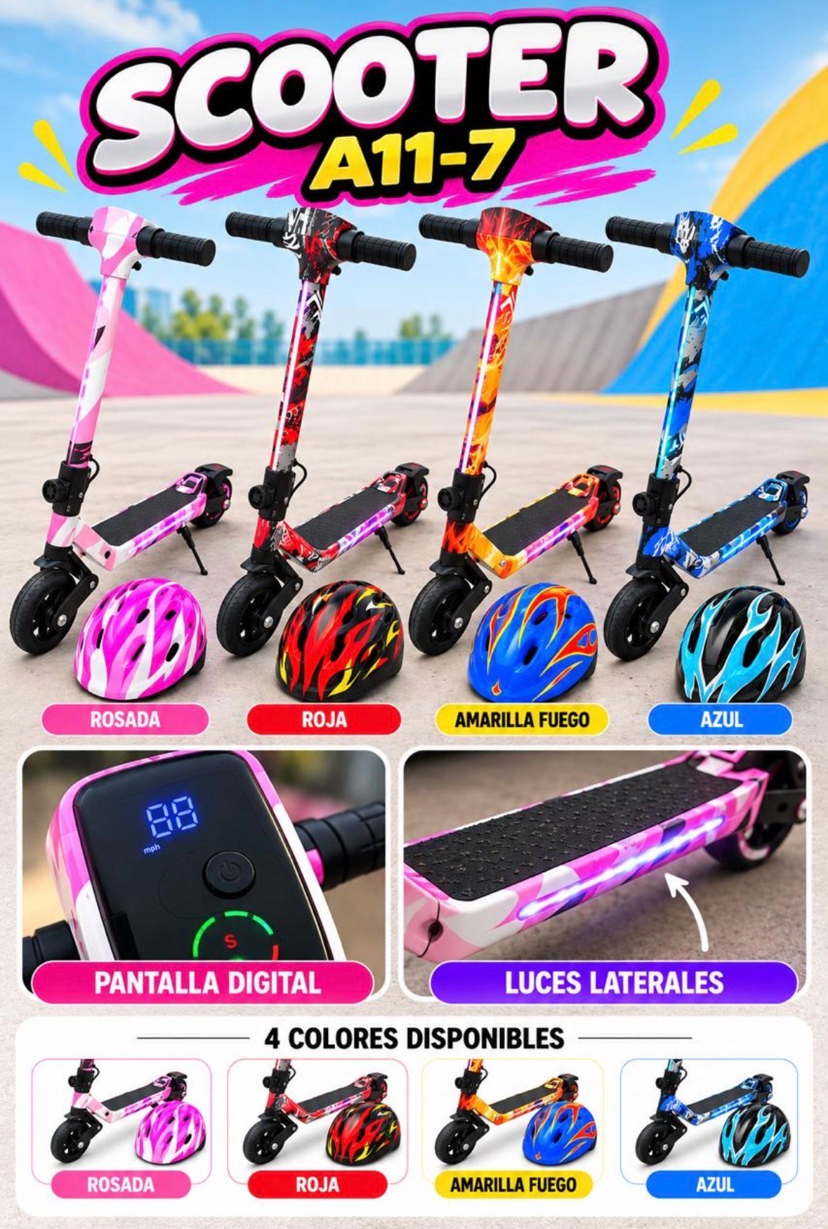 Scooter eléctrico infantil con pantalla y luces LED
