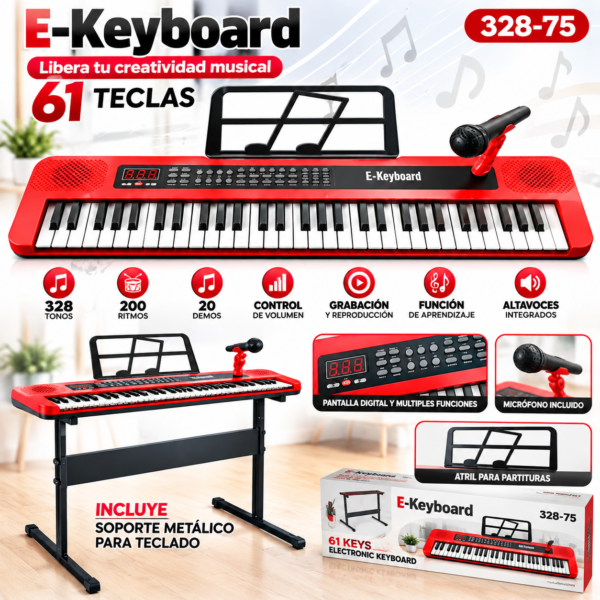 Piano electrónico 61 teclas con micrófono y base (rojo)