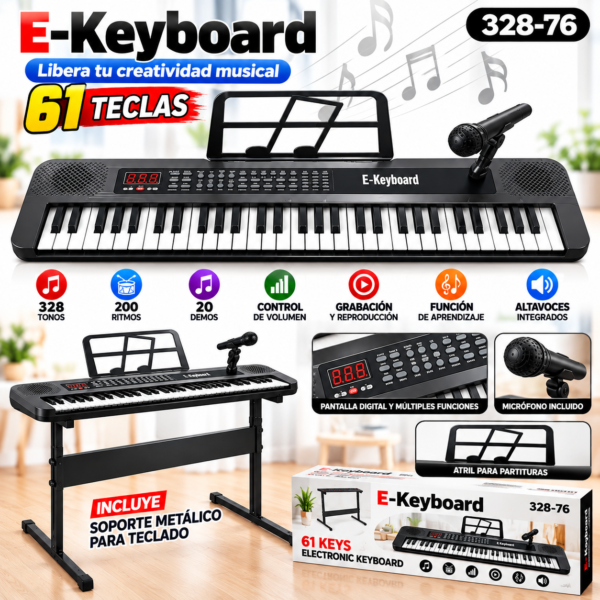 Piano electrónico 61 teclas con micrófono y base (negro)