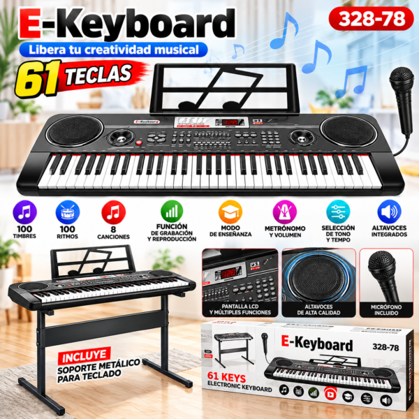 Piano electrónico 61 teclas con micrófono y base