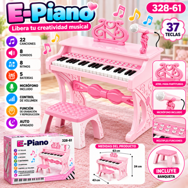 Piano electrónico 37 teclas con micrófono, base y silla (rosado)