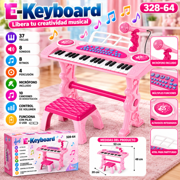 Piano electrónico 37 teclas con micrófono y silla (rosado)