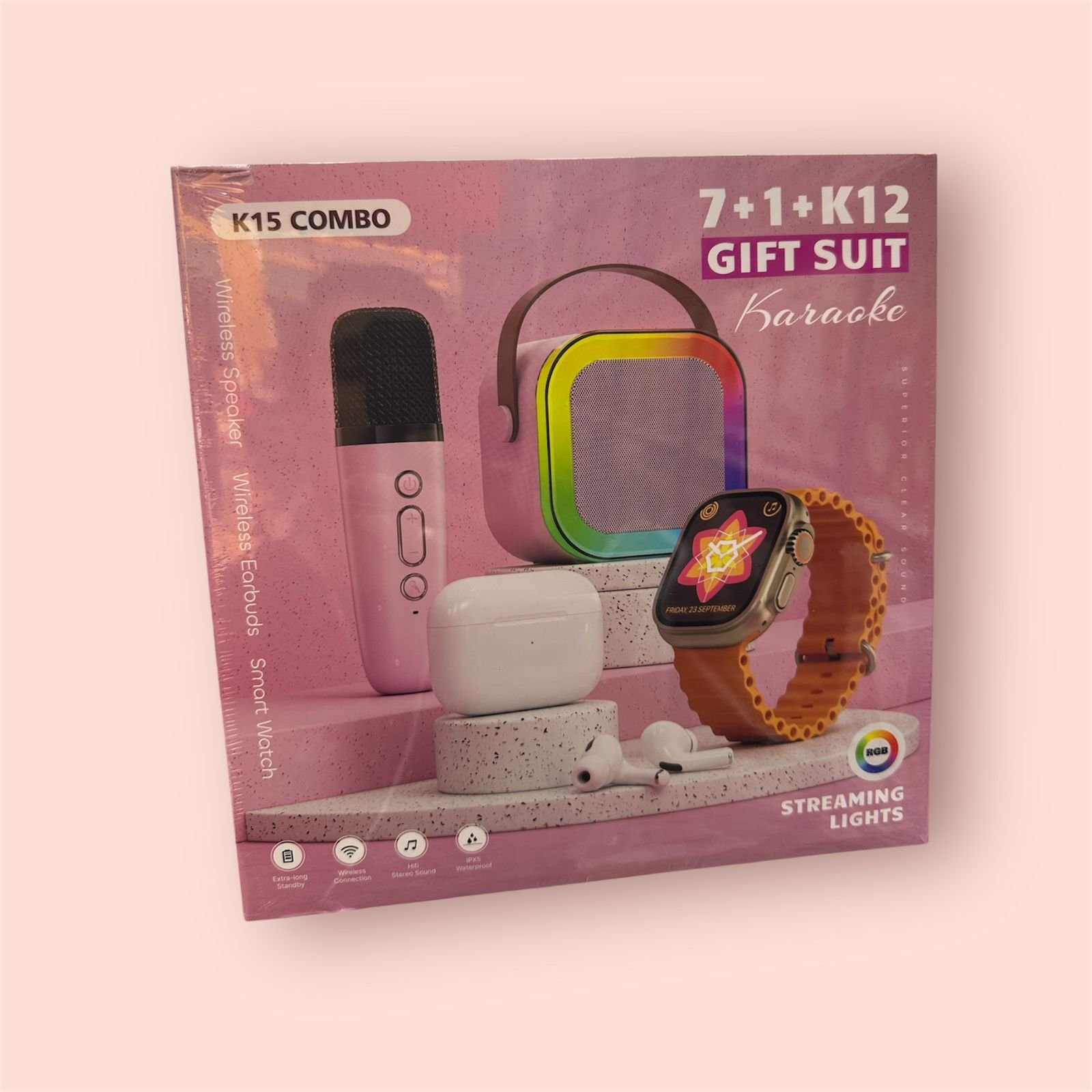 Combo K15: parlante karaoke, smartwatch Ultra y audífonos