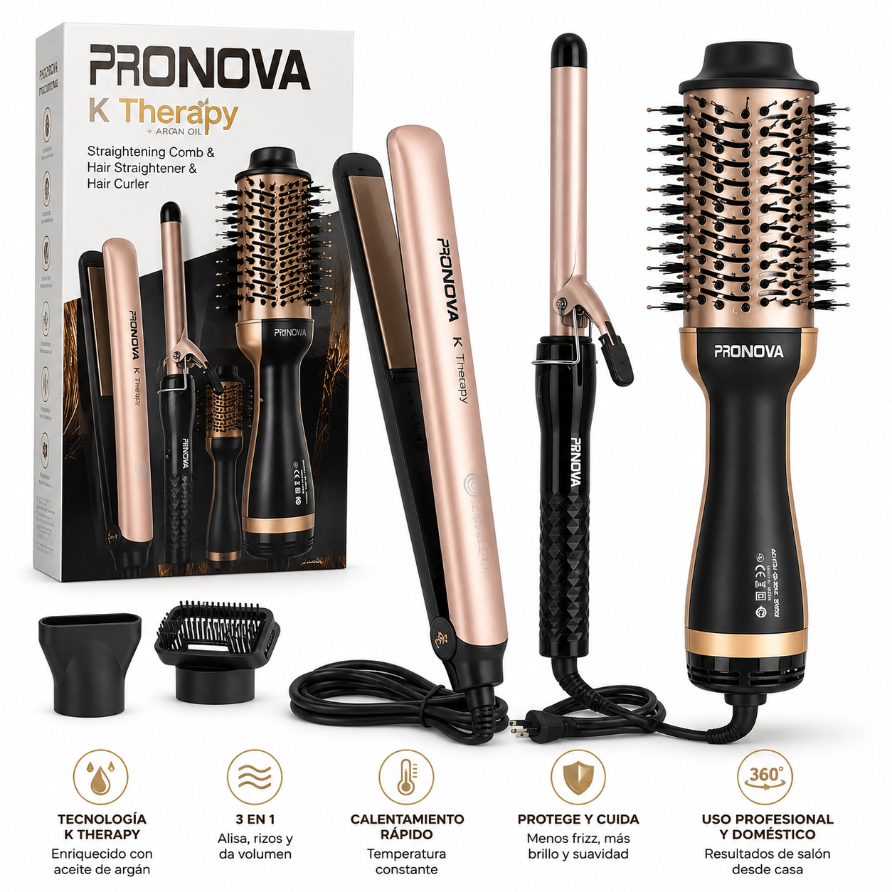 Kit 3 en 1 Pronova K Therapy: plancha, cepillo y rizador