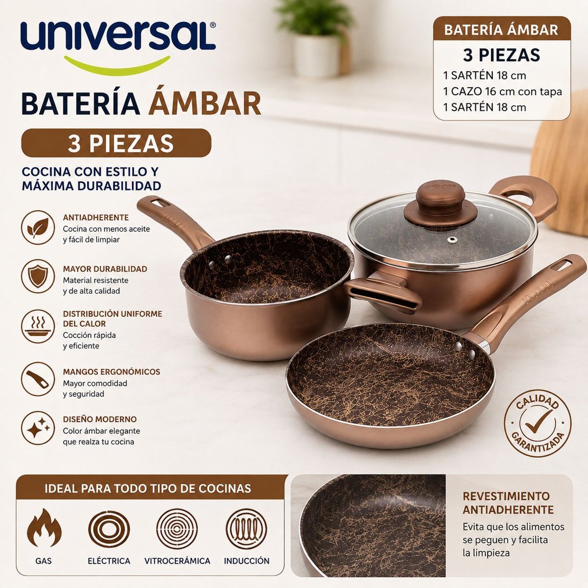 Batería de cocina Universal Ámbar 3 piezas