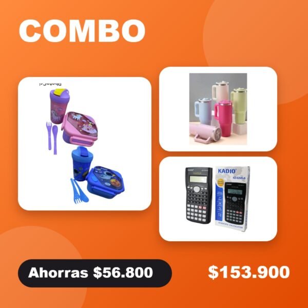 Combo Colegio: lonchera + vaso térmico + calculadora