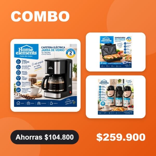 Combo Desayuno: cafetera 12 tazas + sanduchera + termo de bomba 1,9 L