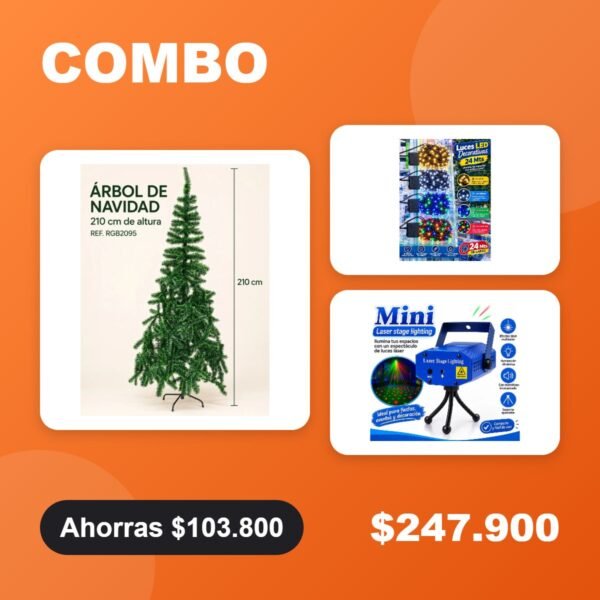 Combo Navidad: árbol 2,10 m + luces LED 24 m + proyector de luces