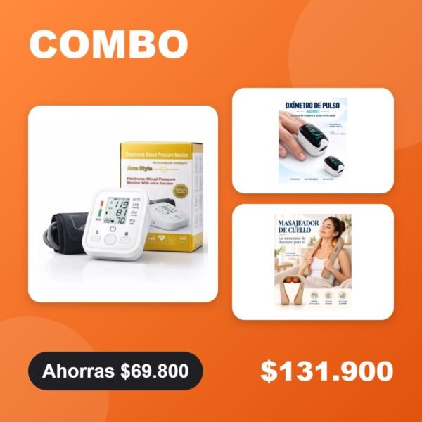 Combo Salud en Casa: tensiómetro con voz + oxímetro + masajeador de cuello