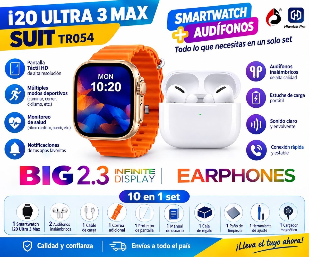 Combo smartwatch i20 Ultra 3 Max con audífonos