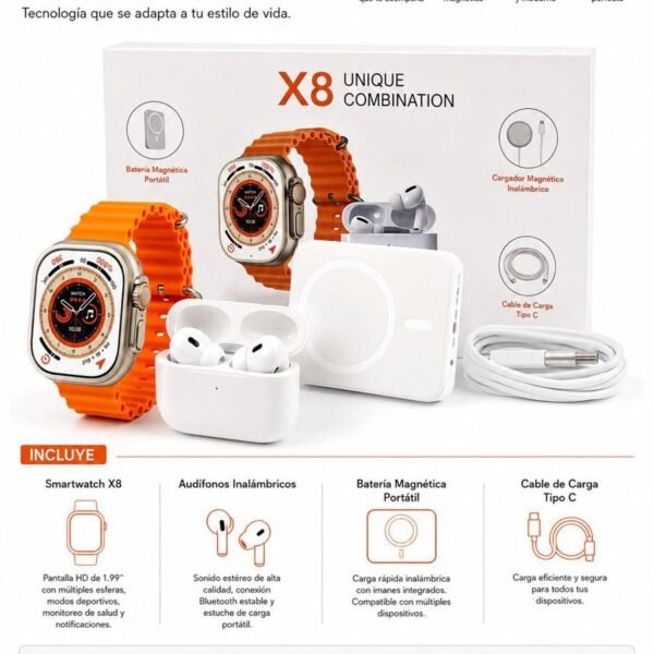Combo smartwatch X8 con audífonos y accesorios