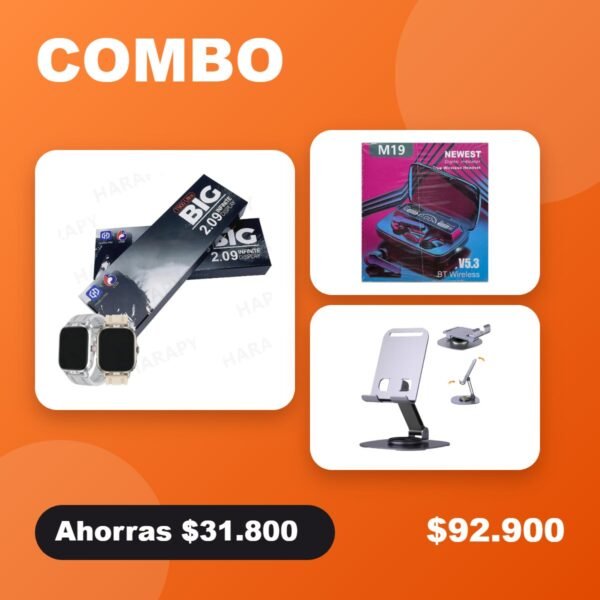 Combo Tech: smartwatch + audífonos + soporte