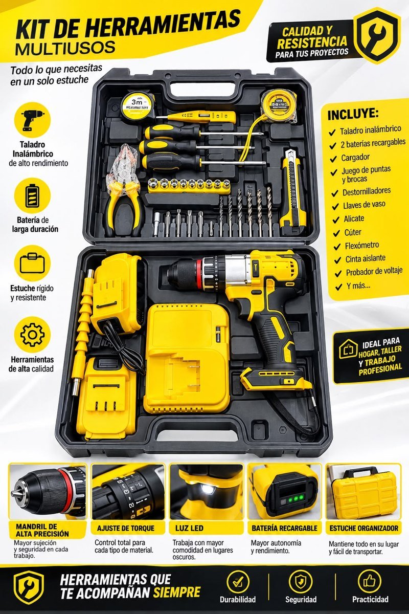 Kit de herramientas con taladro inalámbrico