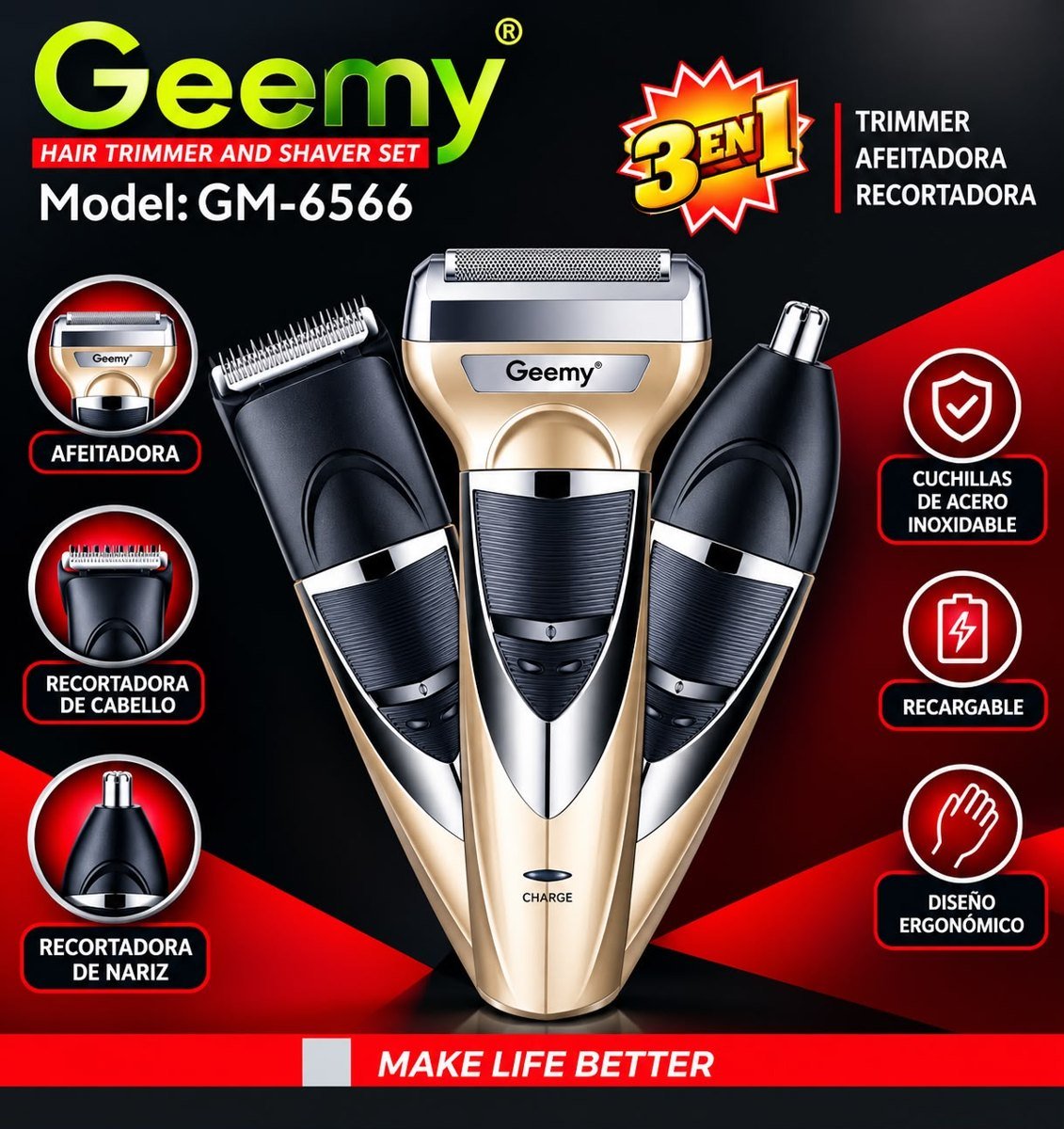Kit Geemy GM-6566 3 en 1 afeitadora y patillera