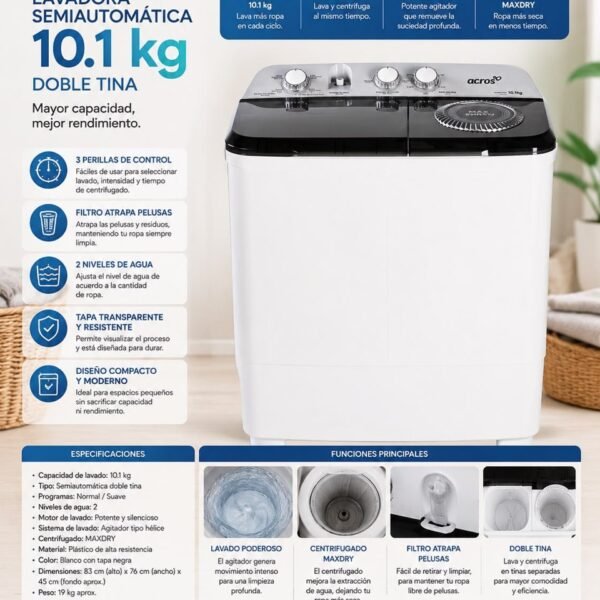 Lavadora semiautomática Acros 10,1 kg doble tina