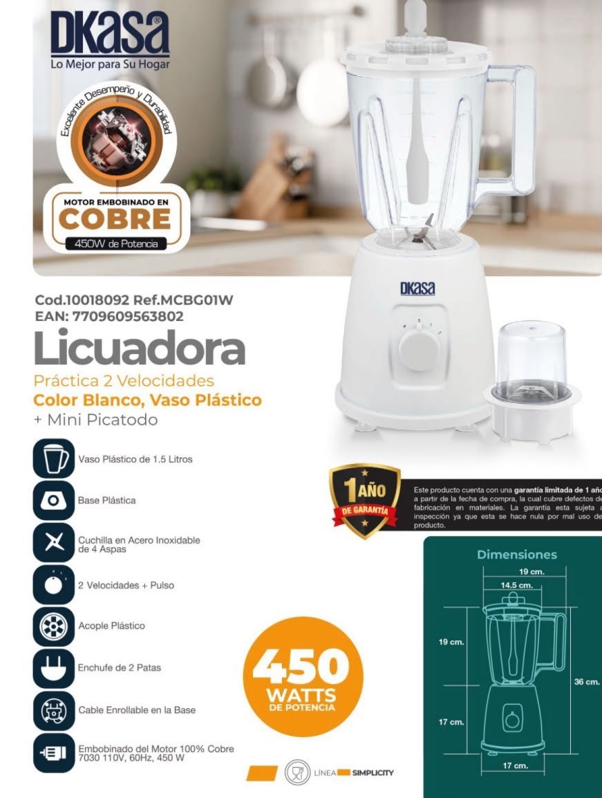 Licuadora DKASA Simplicity 450 W con picatodo
