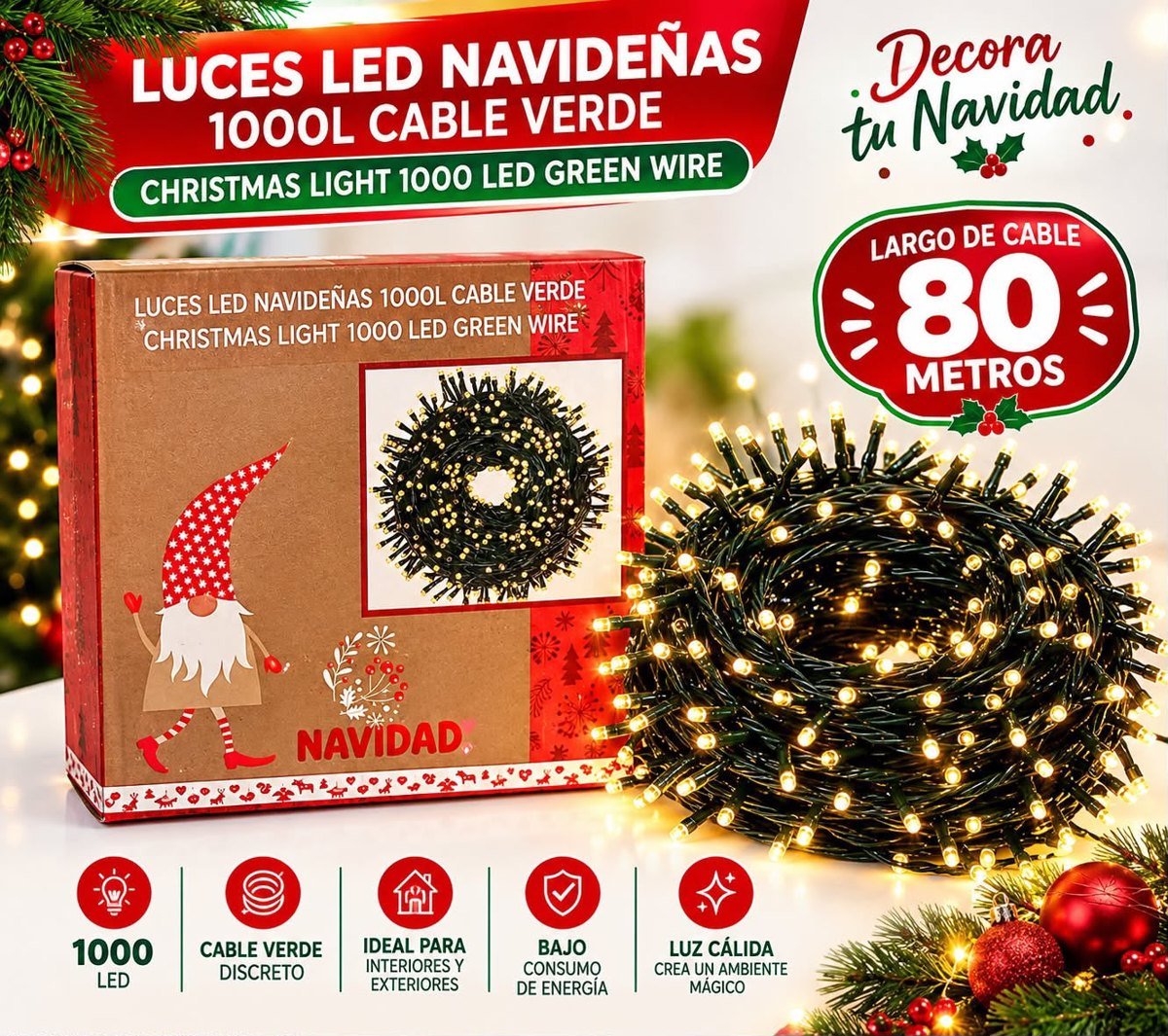 Luces LED navideñas 1000 LED 80 metros cable verde