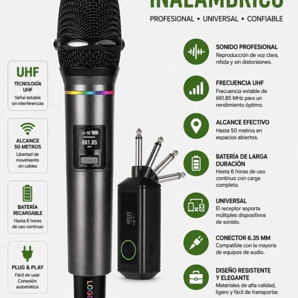 Micrófono inalámbrico UHF profesional con receptor universal