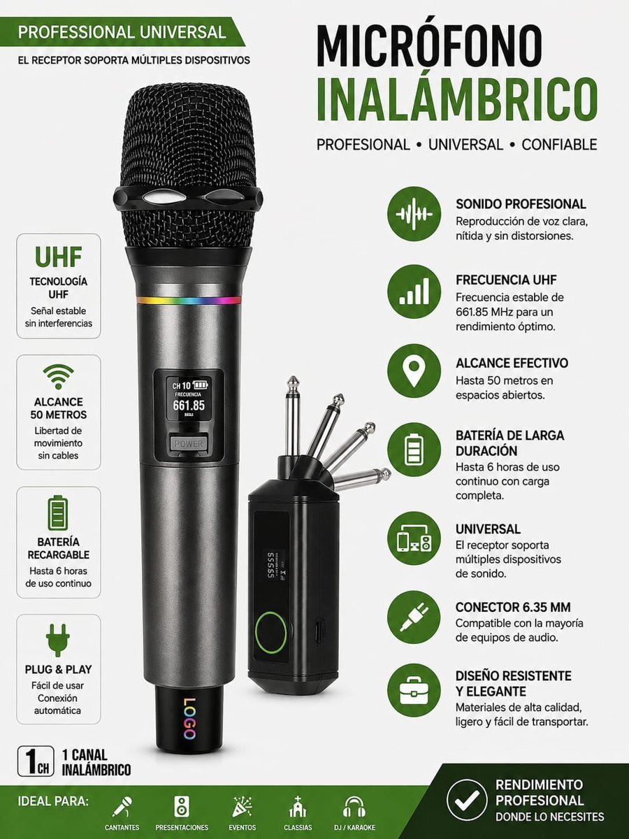 Micrófono inalámbrico UHF profesional con receptor universal