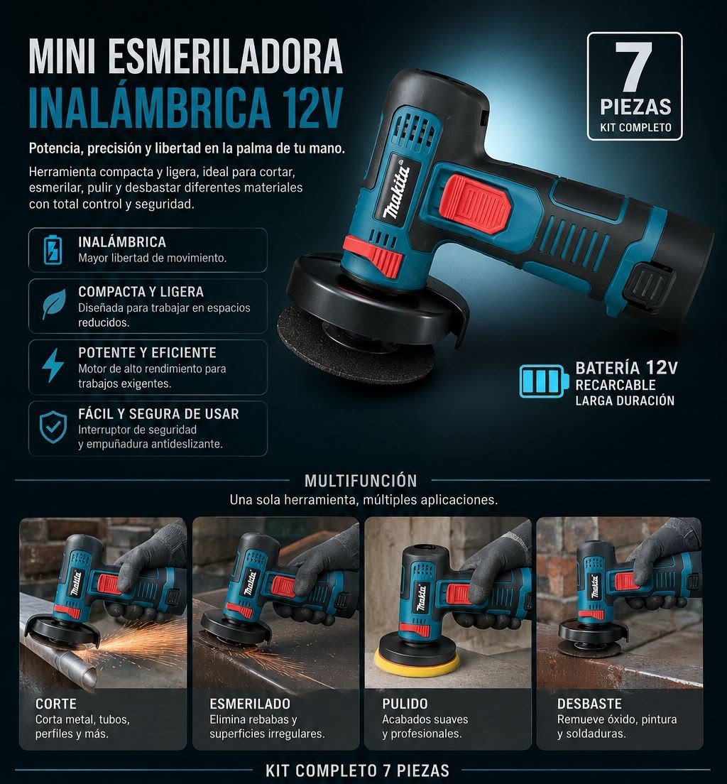 Mini esmeriladora inalámbrica 12 V kit 7 piezas