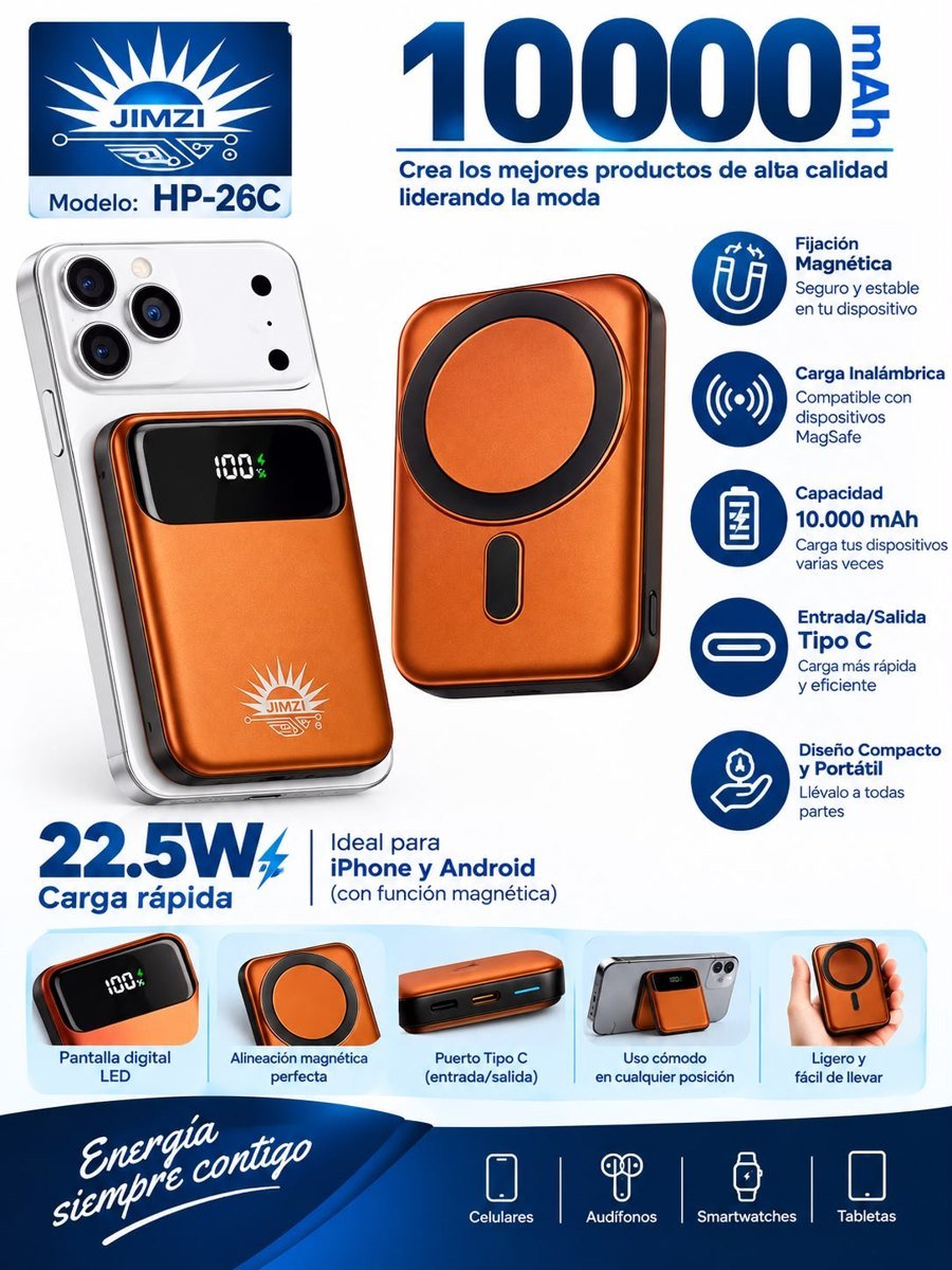 Power bank magnético Jimzi 10.000 mAh 22,5 W
