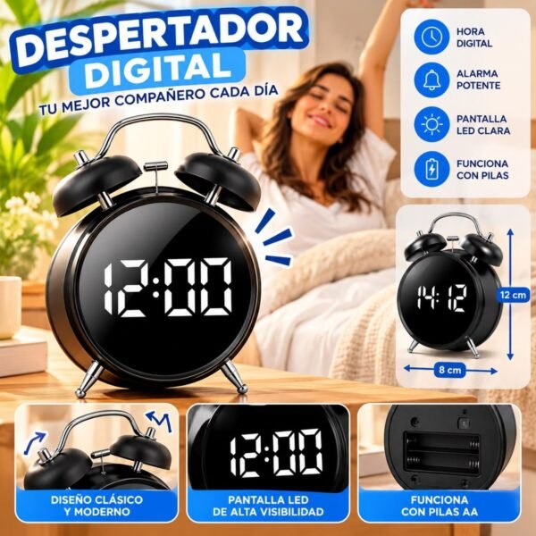 Reloj despertador digital clásico con campanas