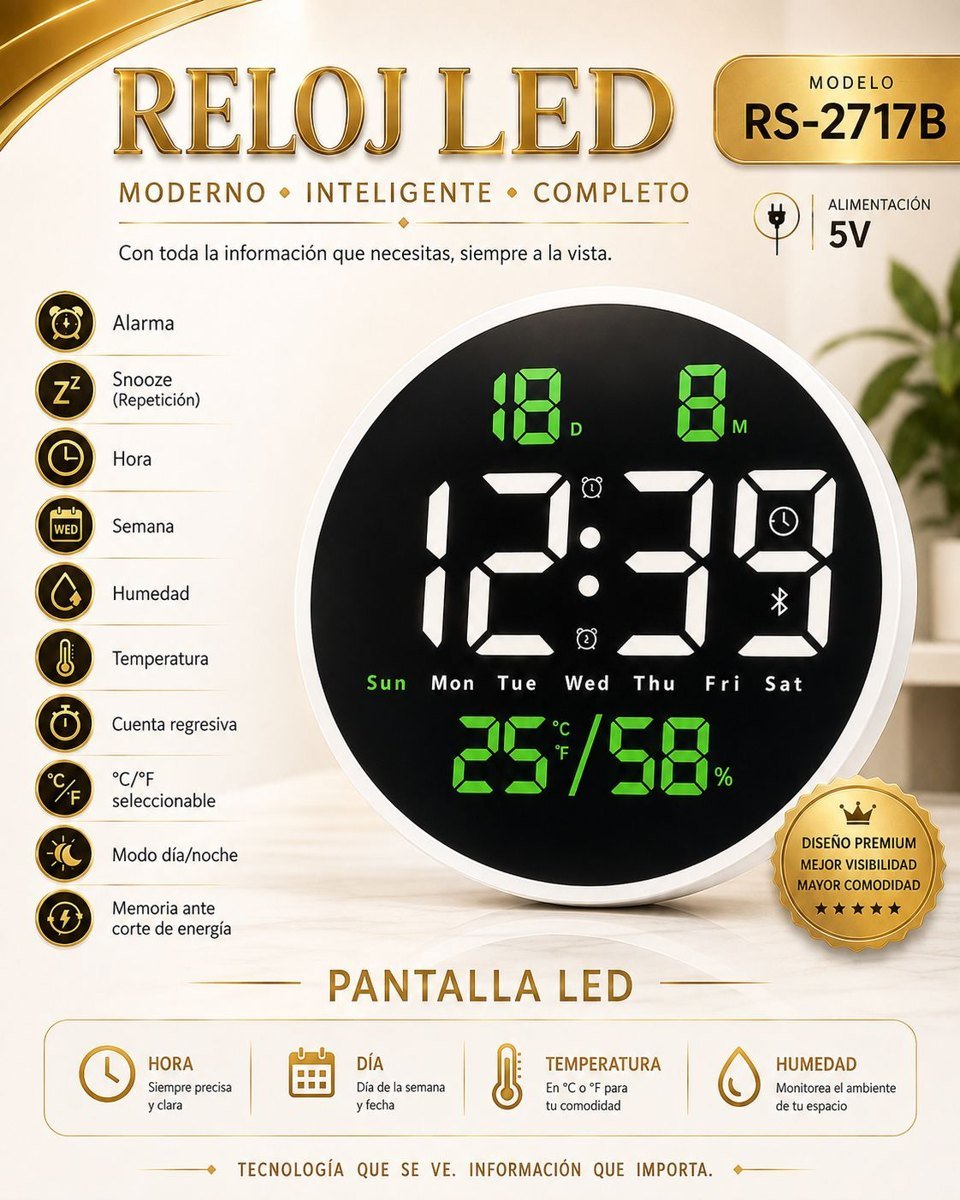 Reloj digital LED de pared con temperatura