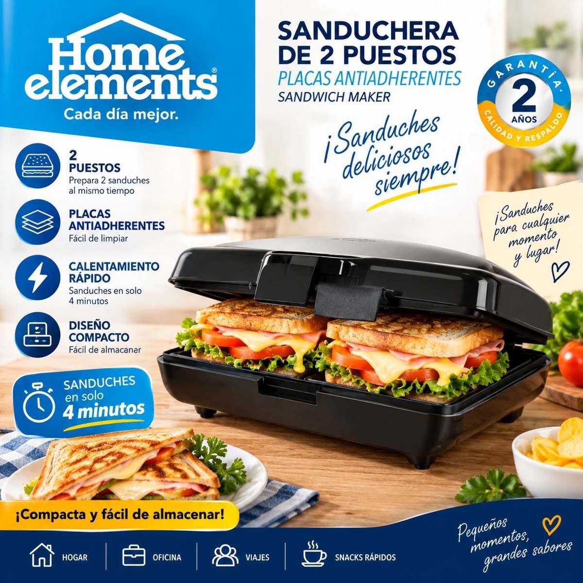 Sanduchera grill Home Elements 2 puestos