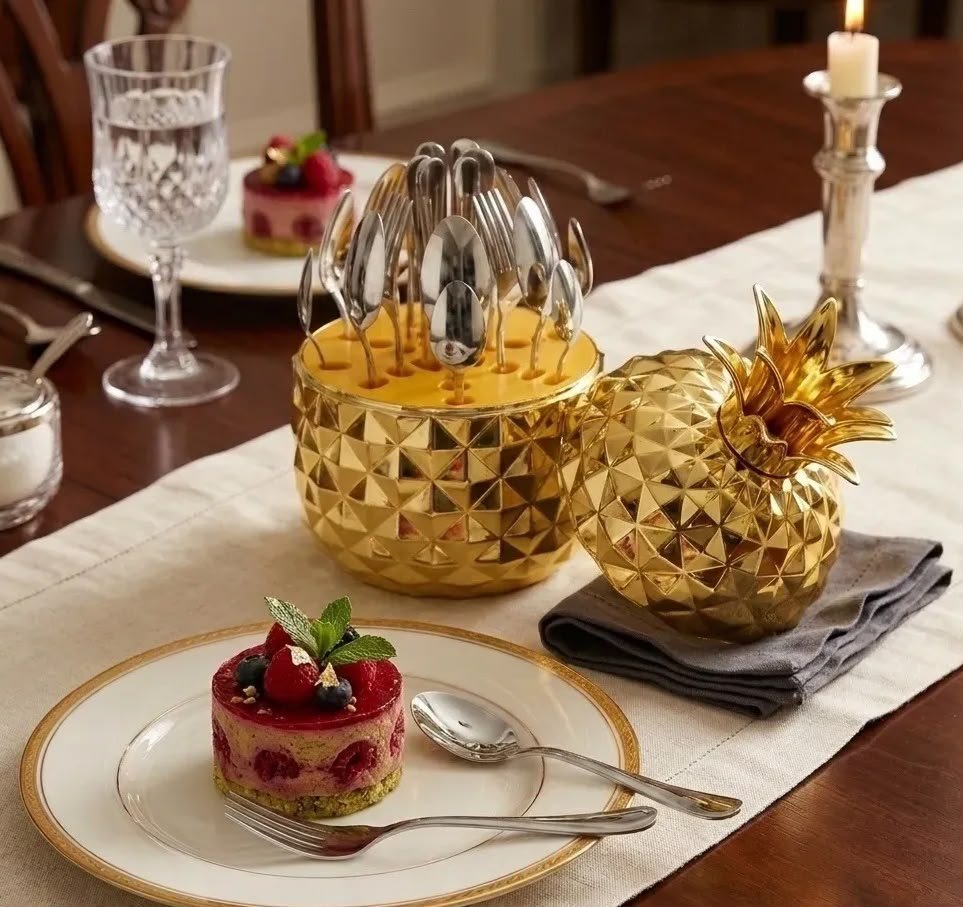 Set de cubiertos dorados con base de piña 24 piezas