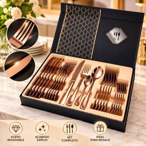 Set de cubiertos oro rosa 24 piezas con estuche