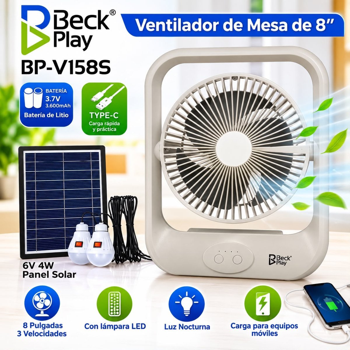 Ventilador de mesa 8" Beck Play con panel solar